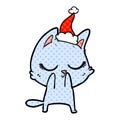 A creative calm comic book style illustration of a cat wearing santa hat