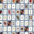 Creative cards playing design seamless pattern isolated on blue background. Colored different card suits for casino game Royalty Free Stock Photo