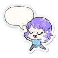 A creative carton happy elf girl dancing and speech bubble distressed sticker