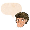 A creative cartoon bored man and speech bubble in retro textured style