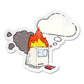 A creative cartoon broken computer and thought bubble as a distressed worn sticker Royalty Free Stock Photo