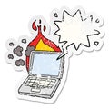 A creative cartoon broken laptop computer and speech bubble distressed sticker Royalty Free Stock Photo