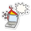 A creative cartoon broken laptop computer and speech bubble sticker
