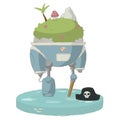 Creative cartoon character of robot pirate with an island on his head. Royalty Free Stock Photo