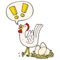 A creative cartoon chicken laying egg and speech bubble in comic book style