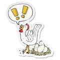 A creative cartoon chicken laying egg and speech bubble distressed sticker