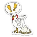 A creative cartoon chicken laying egg and speech bubble sticker