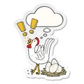 A creative cartoon chicken laying egg and thought bubble as a printed sticker