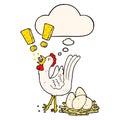 A creative cartoon chicken laying egg and thought bubble in comic book style