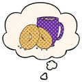 A creative cartoon coffee and donuts and thought bubble in comic book style