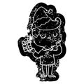 A creative cartoon distressed icon of a man wondering wearing santa hat