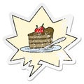 A creative cartoon expensive slice of chocolate cake and speech bubble distressed sticker
