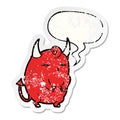 A creative cartoon fat little halloween devil and speech bubble distressed sticker Royalty Free Stock Photo