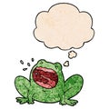 A creative cartoon frog shouting and thought bubble in grunge texture pattern style