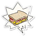 A creative cartoon ham cheese tomato sandwich and speech bubble distressed sticker Royalty Free Stock Photo