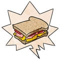 A creative cartoon ham cheese tomato sandwich and speech bubble in retro texture style Royalty Free Stock Photo