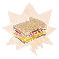 A creative cartoon ham sandwich and speech bubble in retro textured style Royalty Free Stock Photo