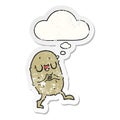 A creative cartoon happy potato and thought bubble as a distressed worn sticker Royalty Free Stock Photo