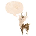 A creative cartoon happy stag and speech bubble in retro textured style