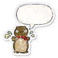 A creative cartoon happy teddy bear and speech bubble distressed sticker Royalty Free Stock Photo