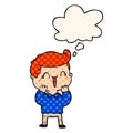 A creative cartoon laughing boy and thought bubble in comic book style Royalty Free Stock Photo