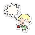 A creative cartoon man jittery from drinking too much coffee and speech bubble distressed sticker Royalty Free Stock Photo