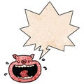 A creative cartoon obnoxious pig and speech bubble in retro texture style