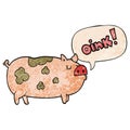 A creative cartoon oinking pig and speech bubble in retro texture style