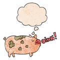 A creative cartoon oinking pig and thought bubble in grunge texture pattern style