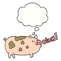 A creative cartoon oinking pig and thought bubble