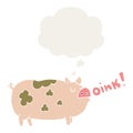 A creative cartoon oinking pig and thought bubble in retro style