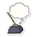 A creative cartoon old ink pot and pen and thought bubble as a printed sticker Royalty Free Stock Photo