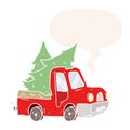 A creative cartoon pickup truck carrying christmas trees and speech bubble in retro style Royalty Free Stock Photo