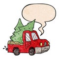 A creative cartoon pickup truck carrying christmas trees and speech bubble in retro texture style Royalty Free Stock Photo
