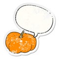 A creative cartoon pumpkin squash and speech bubble distressed sticker Royalty Free Stock Photo