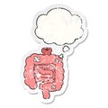 A creative cartoon repaired intestines and thought bubble as a distressed worn sticker