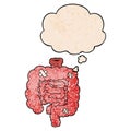 A creative cartoon repaired intestines and thought bubble in grunge texture pattern style