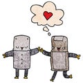 A creative cartoon robots in love and thought bubble in grunge texture pattern style