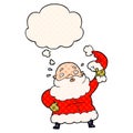 A creative cartoon santa claus waving hat and thought bubble in comic book style Royalty Free Stock Photo