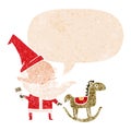 A creative cartoon santa making toy and speech bubble in retro textured style