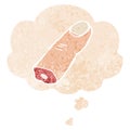 A creative cartoon severed finger and thought bubble in retro textured style