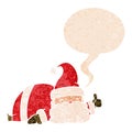 A creative cartoon sleepy santa and speech bubble in retro textured style