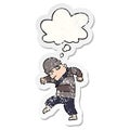 A creative cartoon sneaking thief and thought bubble as a distressed worn sticker