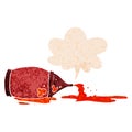 A creative cartoon spilled ketchup bottle and speech bubble in retro textured style