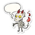 A creative cartoon spooky skeleton demon and speech bubble distressed sticker Royalty Free Stock Photo