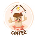 Creative cartoon strong coffee concept. Funny cup of coffee mascot