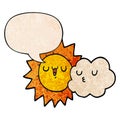 A creative cartoon sun and cloud and speech bubble in retro texture style Royalty Free Stock Photo