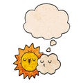 A creative cartoon sun and cloud and thought bubble in grunge texture pattern style Royalty Free Stock Photo