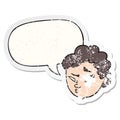 A creative cartoon suspicious man and speech bubble distressed sticker Royalty Free Stock Photo