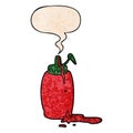 A creative cartoon tomato ketchup bottle and speech bubble in retro texture style